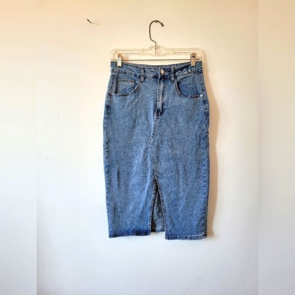 Midi Length Denim Jean Skirt Below Knee Modest Teacher American Y2K 90s Medium - Picture 1 of 9